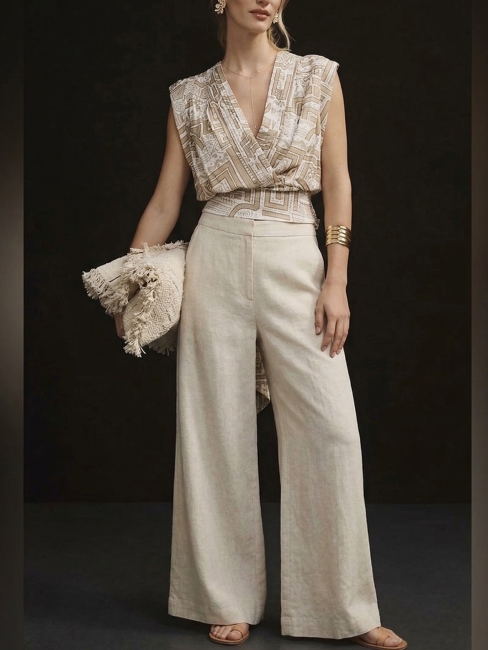Anthropologie Beige Cream Geometric Wrap Crop Blouse